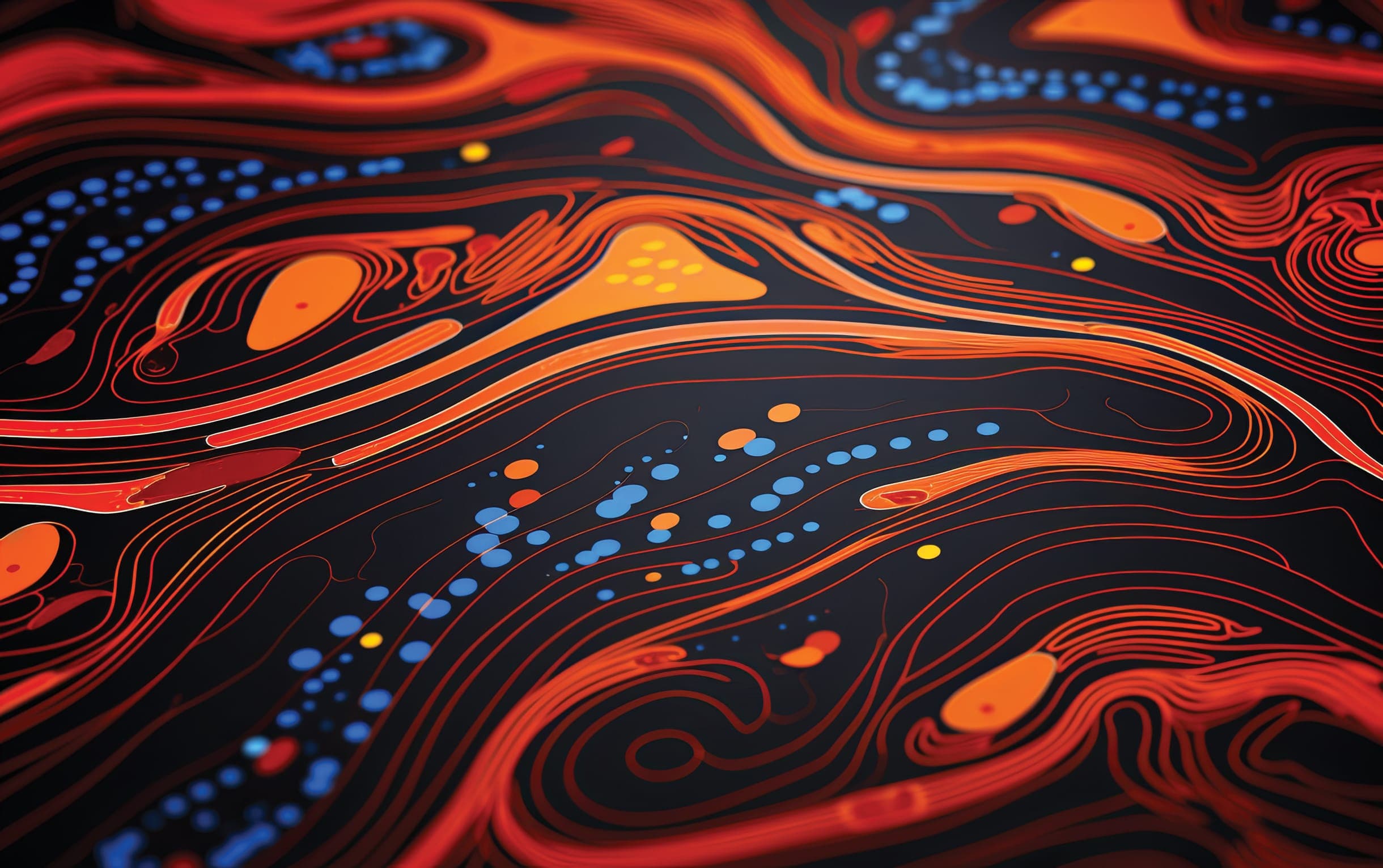 Benang brand artwork of flowing orange and red lines with blue and yellow dot work on a dark ground
