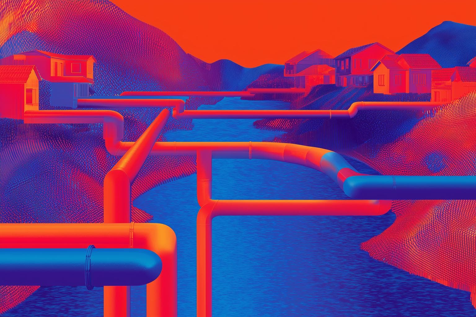 Illustration of pipeline network delivering water and utilities to communities