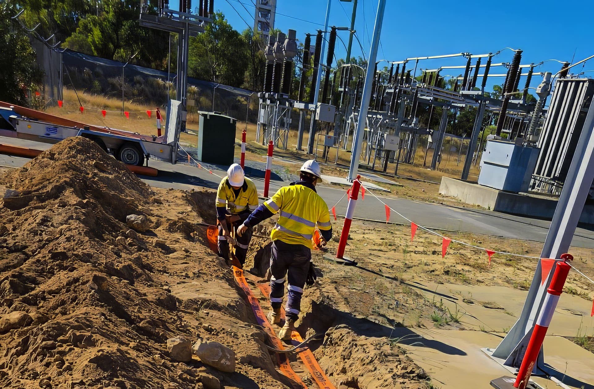Two Benang workers laying orange cable protection over the trench inside the live Western Power substation at Henderson