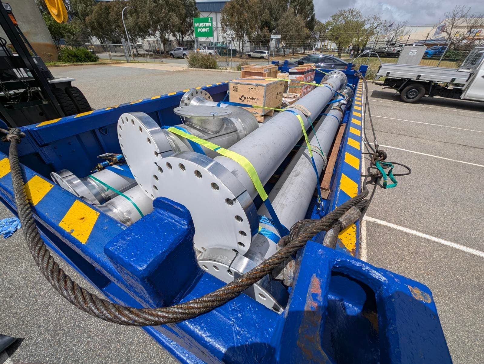 Completed pressure piping package in the blue transport frame