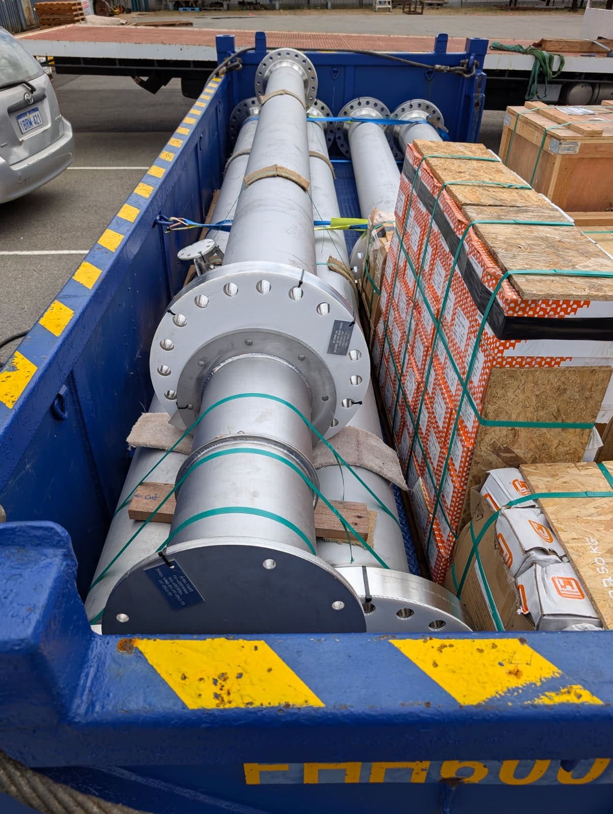 Duplex manifold assembly with blanked flanges ready for dispatch