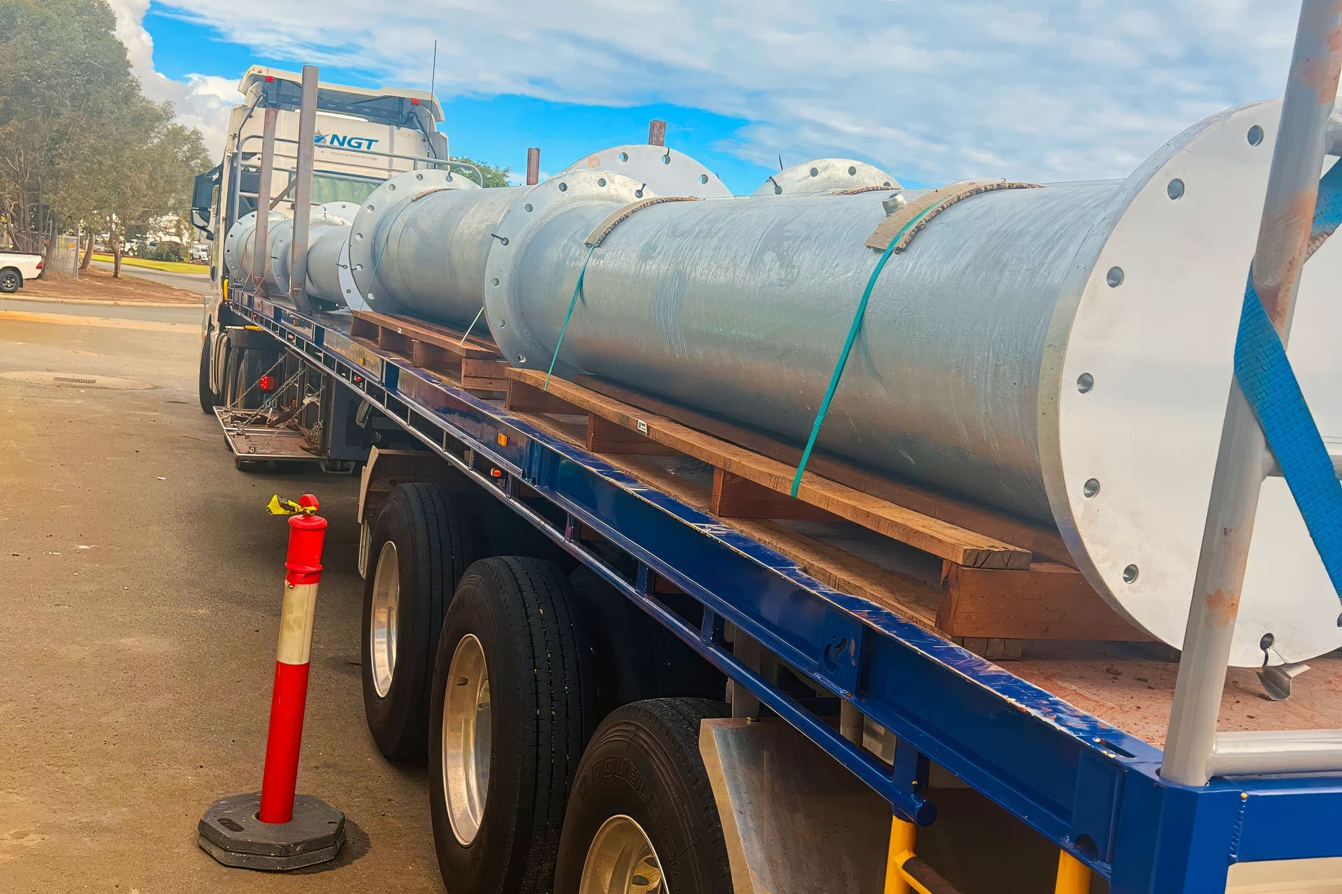 Hot-dip galvanised pipe spools with bolted end flanges ready for dispatch