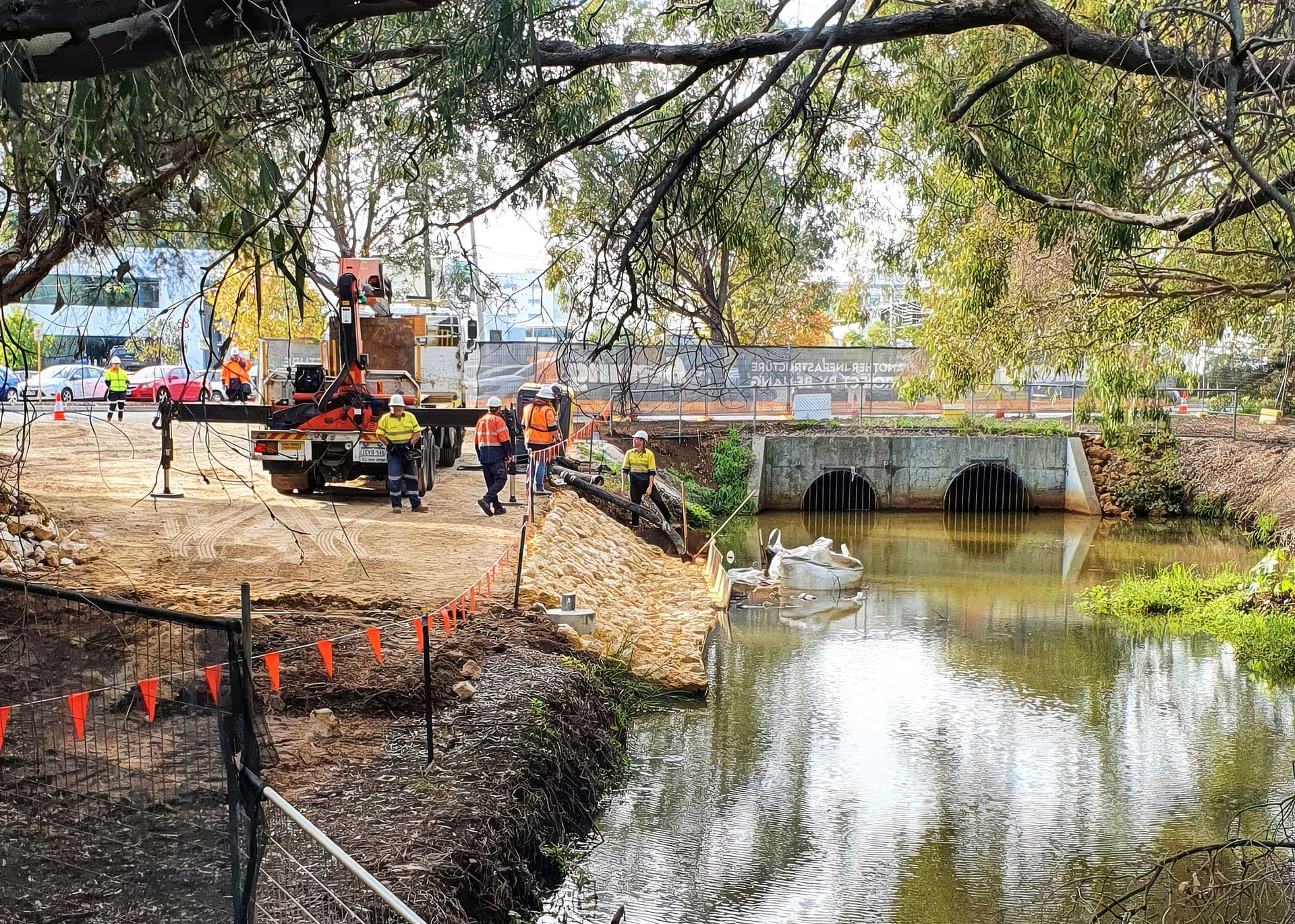 Works along the drain channel with plant on the limestone hardstand