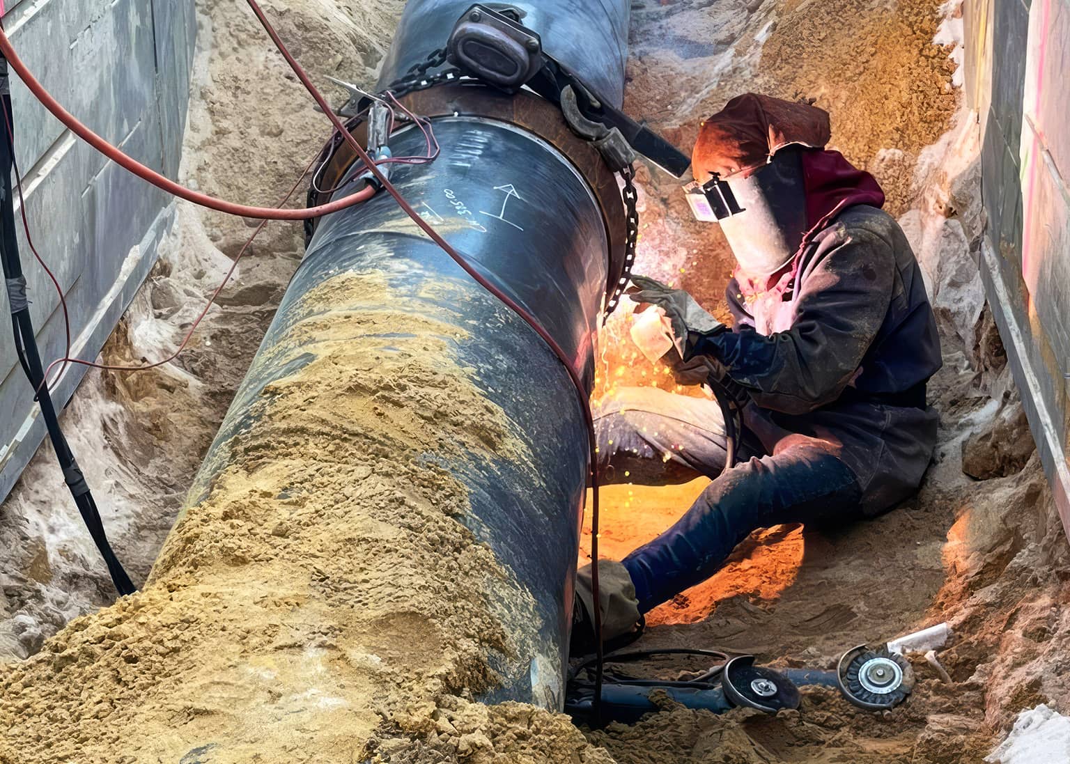 Welder jointing the 500mm MSCL main inside the trench at Medina
