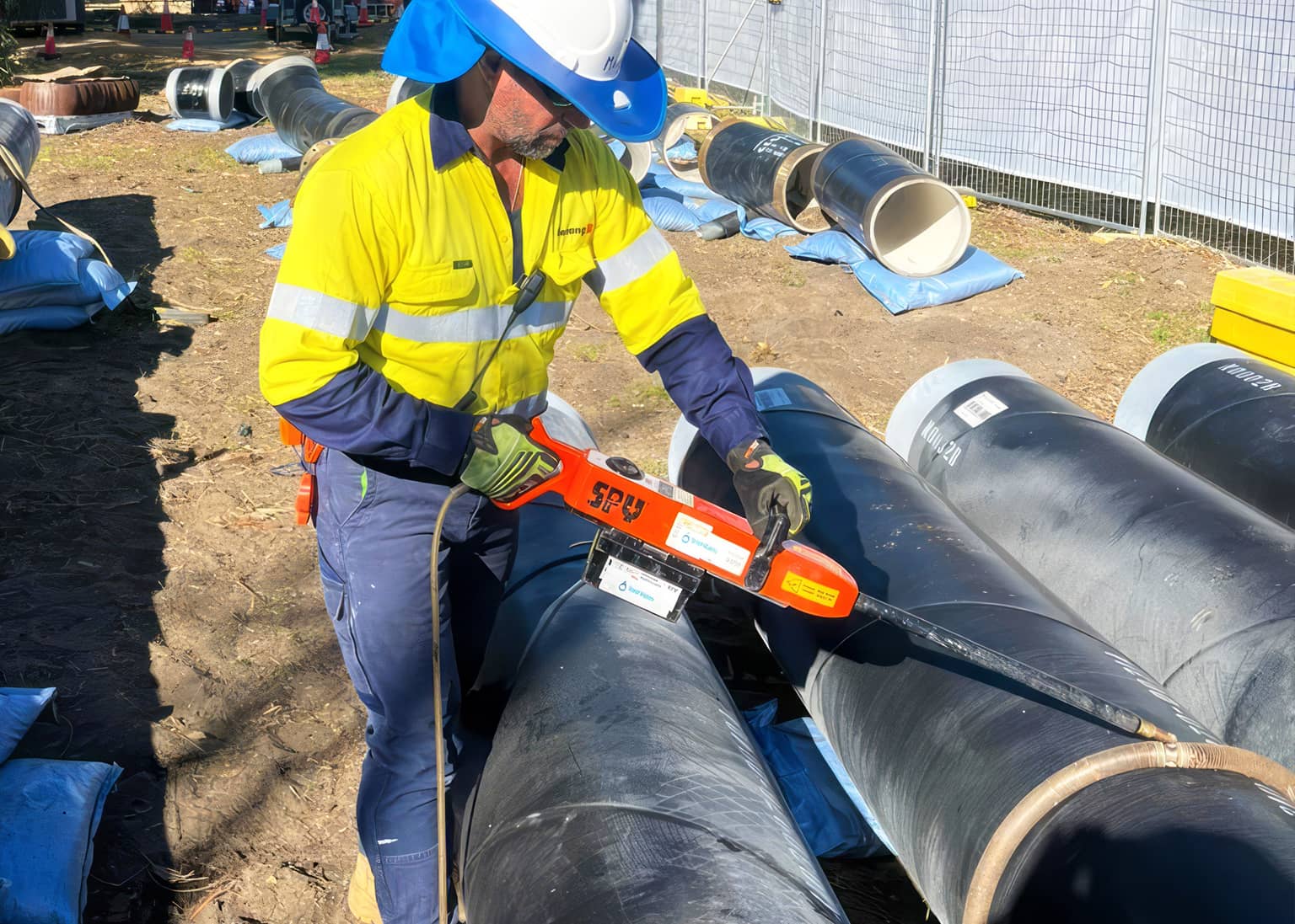 Benang worker preparing 500mm MSCL pipe joints on site