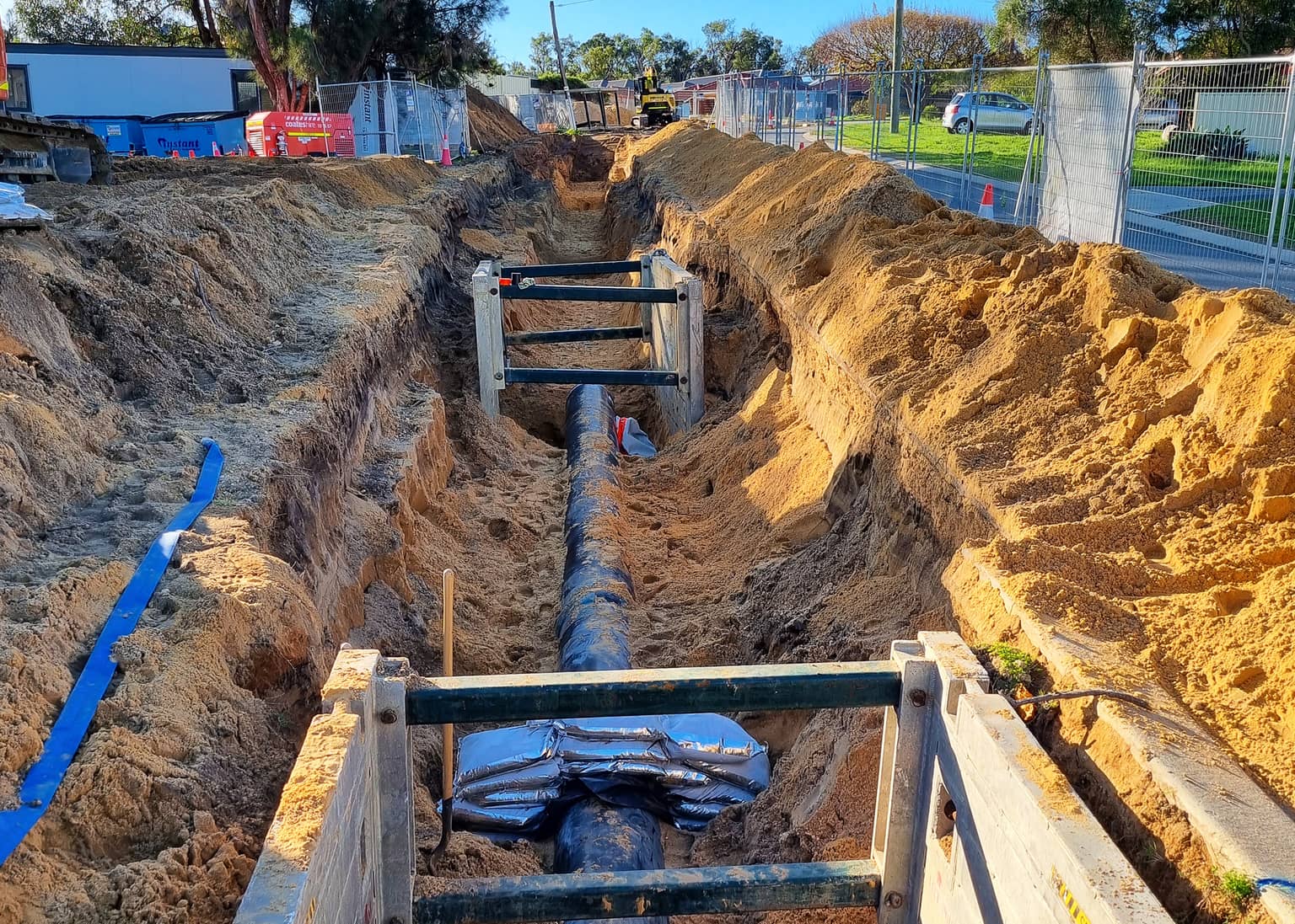 Trench shields along the open excavation on the Medina alignment