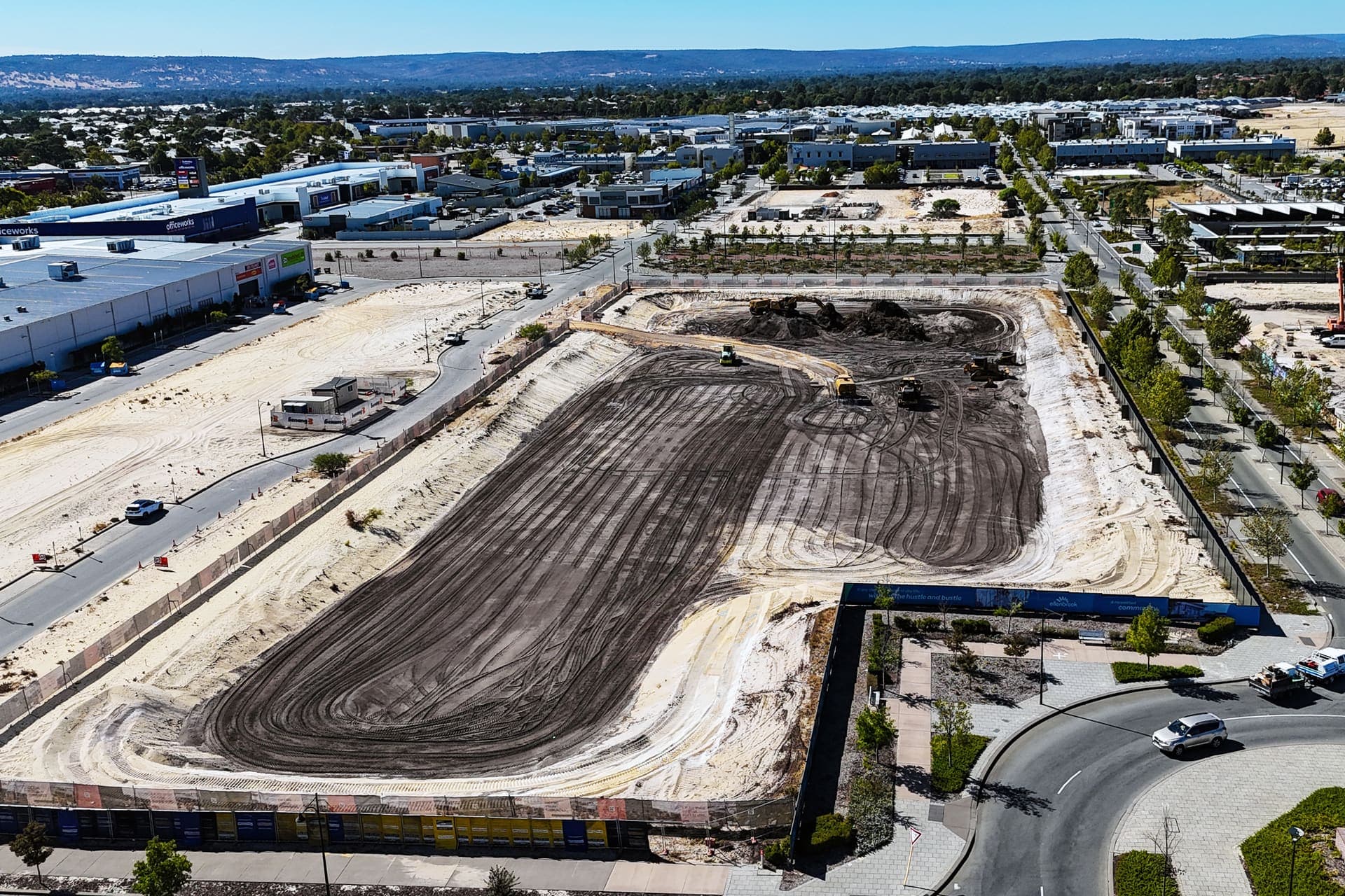 High aerial view of the Lot 29 earthworks beside the Ellenbrook town centre