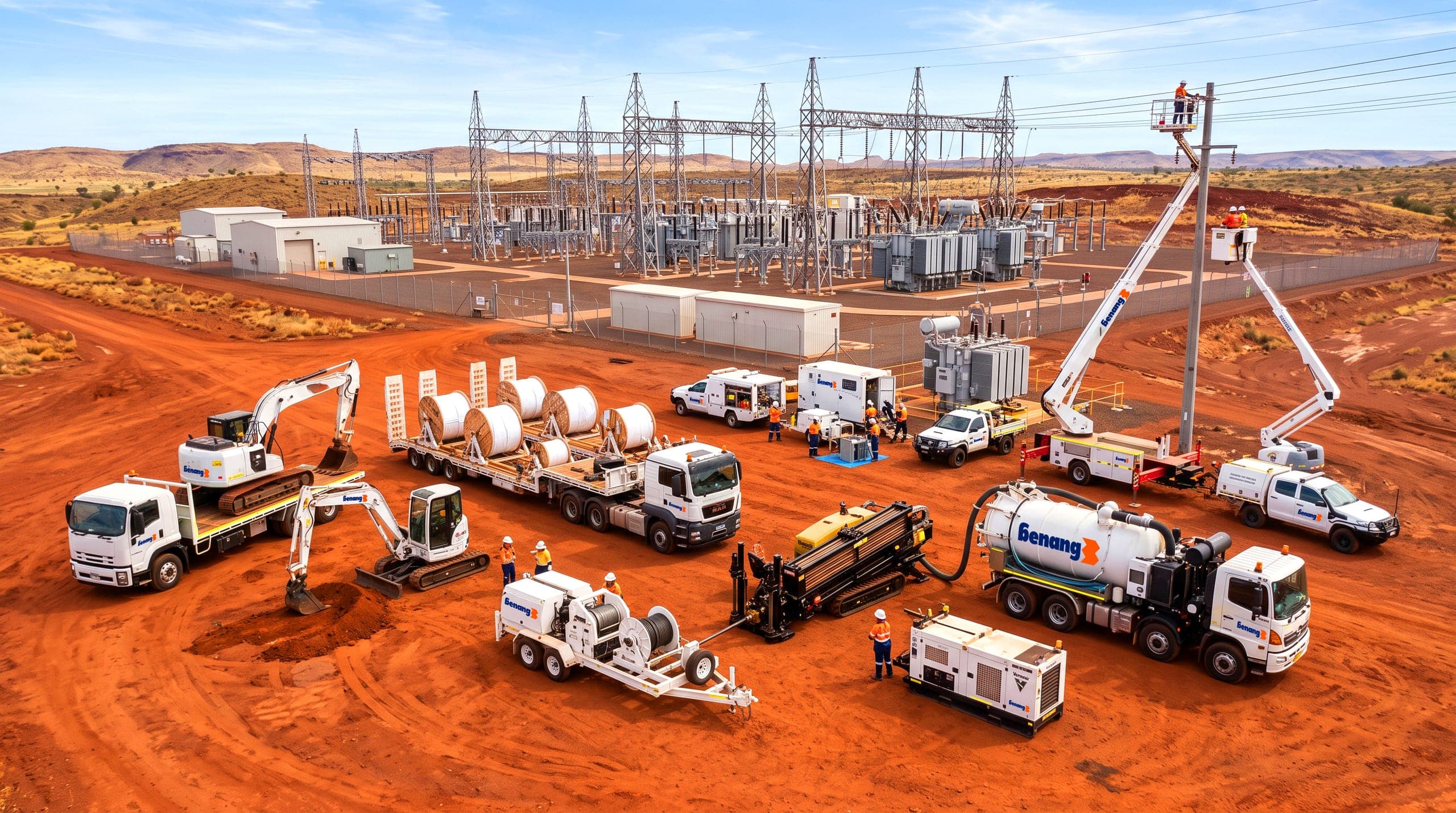 Benang Power crews, fleet and drilling equipment staged in front of a substation in the Western Australian outback