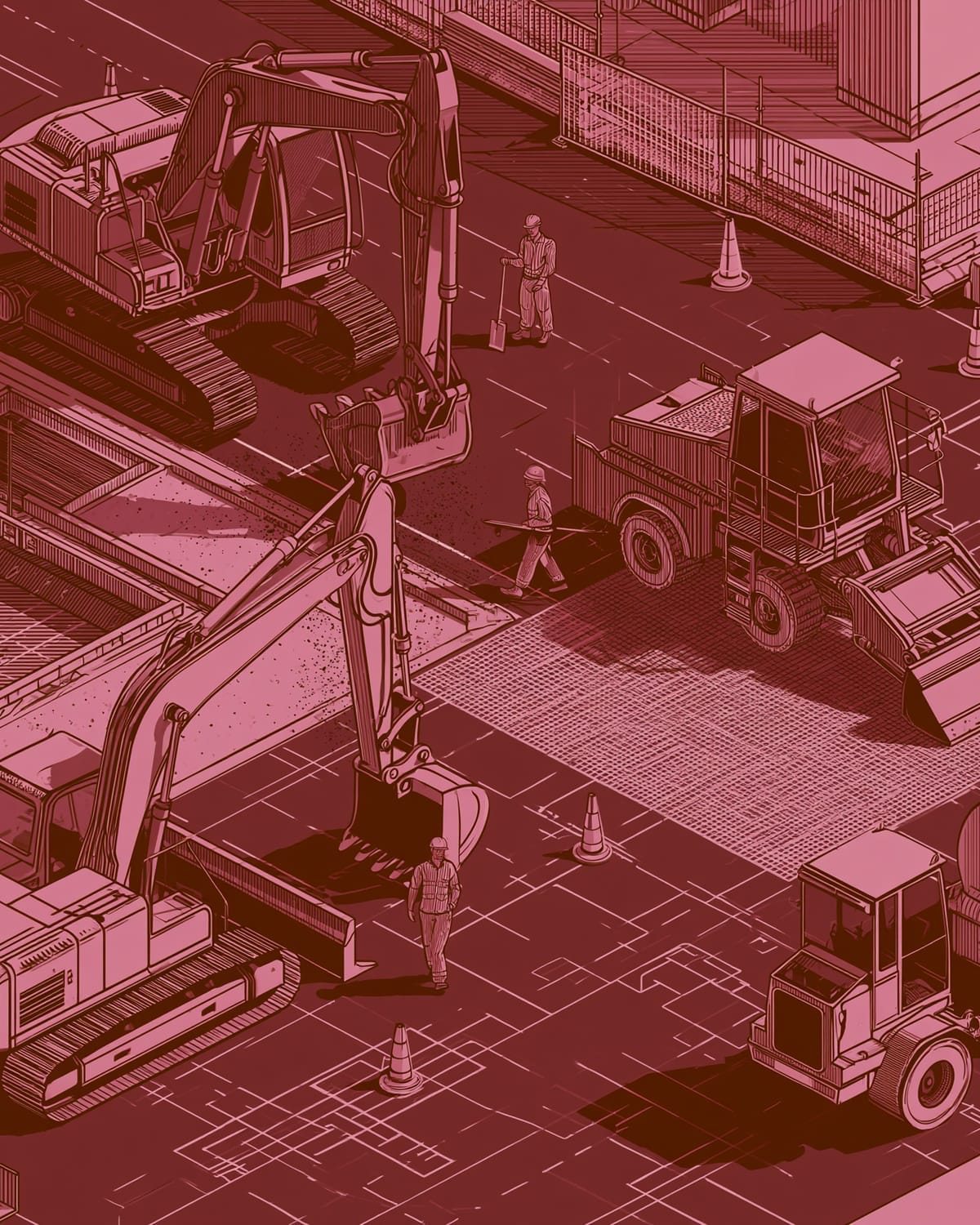 Illustration of a civil construction site with an excavator, roller and crew working over a site plan