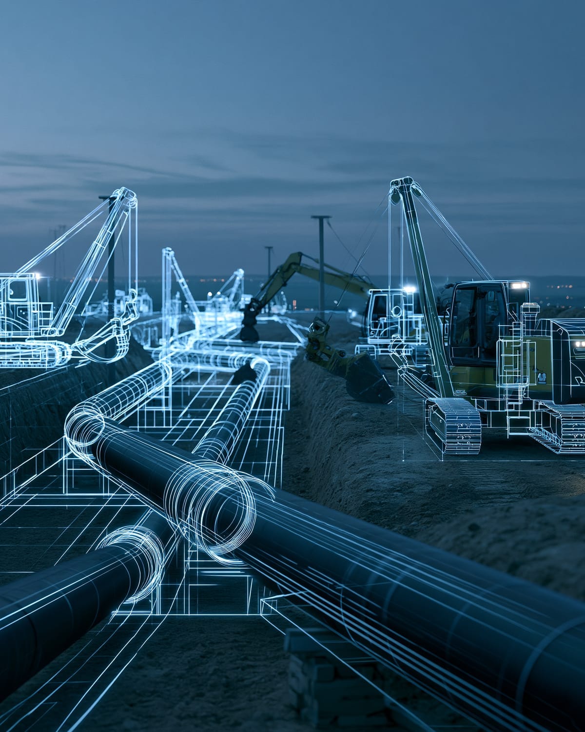 Illustration of large pipeline sections being lowered into an open trench by cranes at dusk