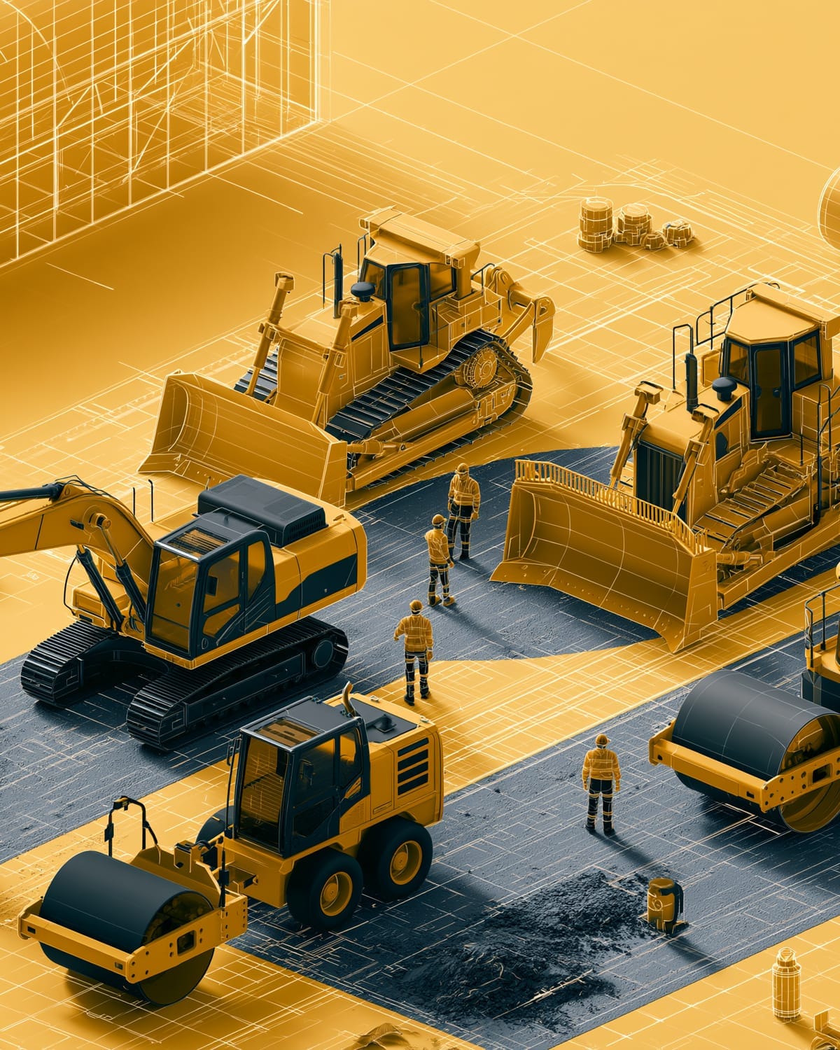 Illustration of dozers, an excavator and rollers laid out across an earthworks pad with operators alongside