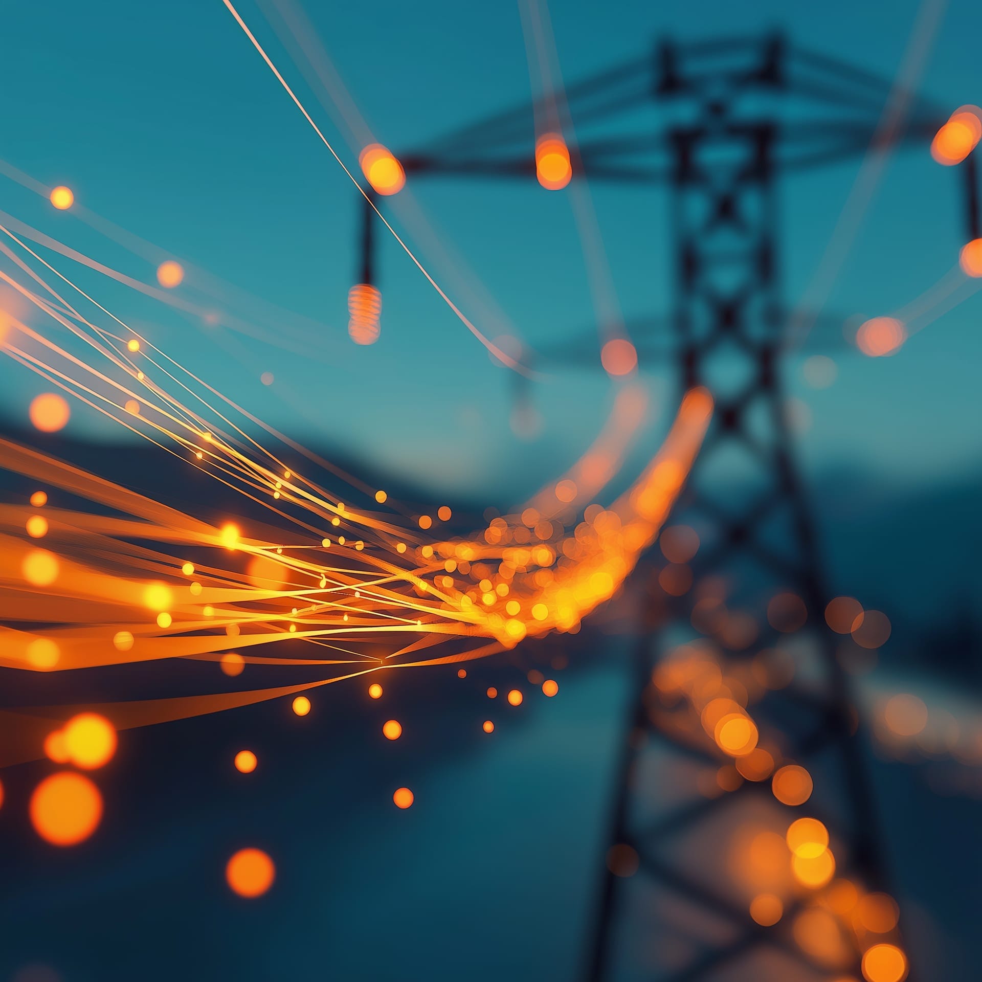 A high voltage transmission tower at dusk with glowing orange power lines streaming from it