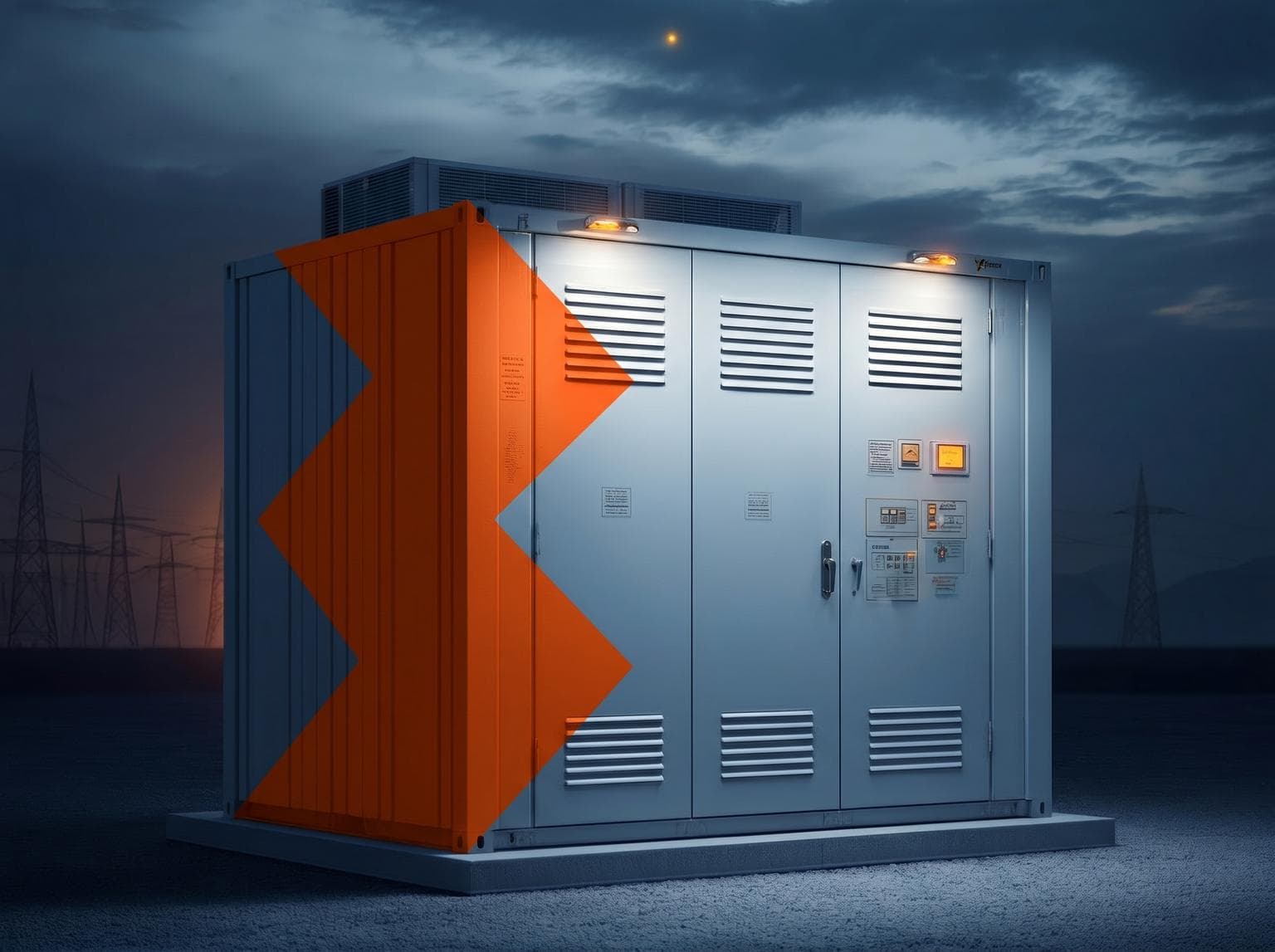 Benang-branded power distribution substation with orange chevron at dusk with transmission towers in the background