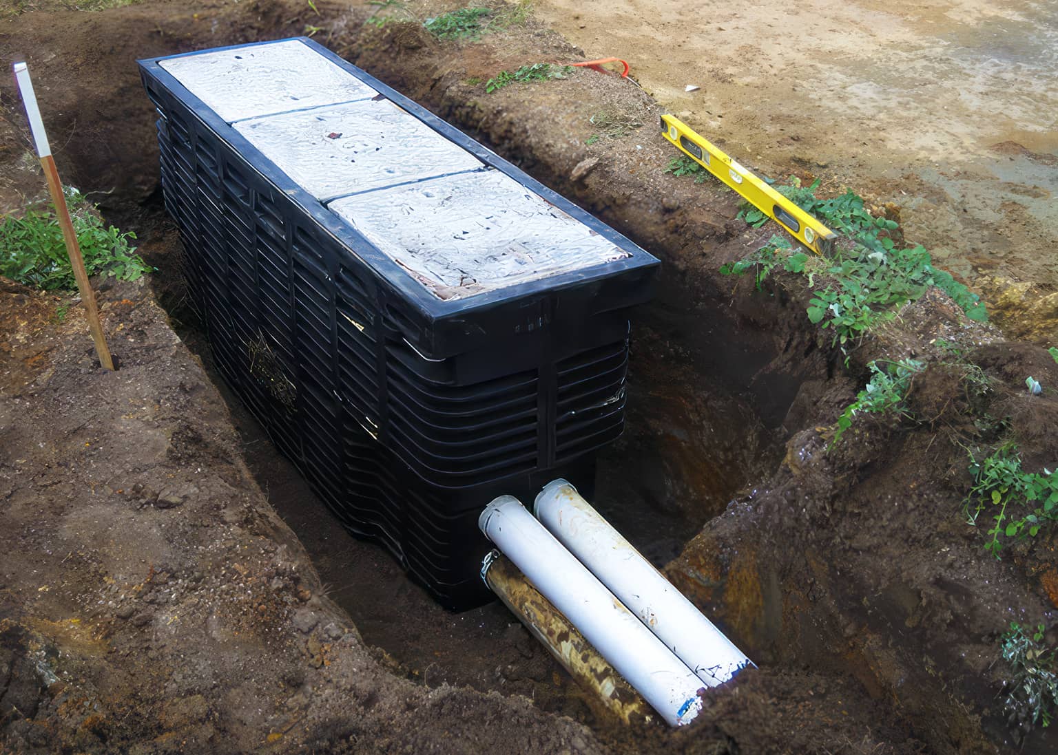 Poly maintenance chamber and sewer connections in the trench