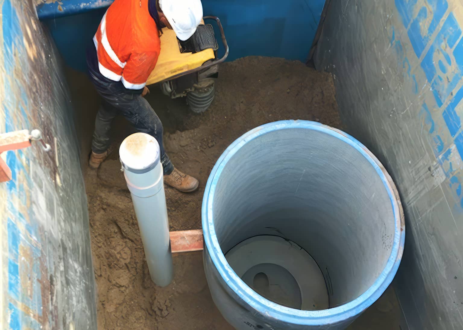 Benang worker in a deep sewer maintenance shaft at Cape Burney