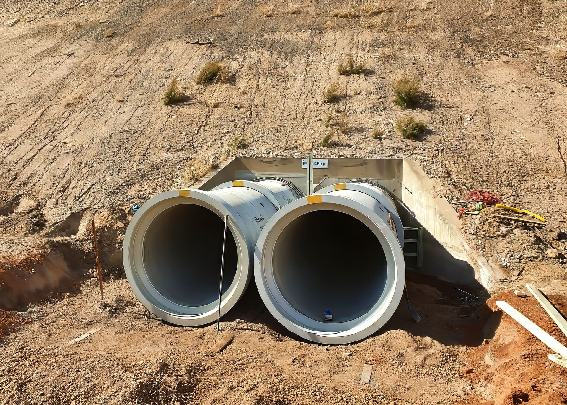 The two extended culvert barrels face on at the base of the rail embankment