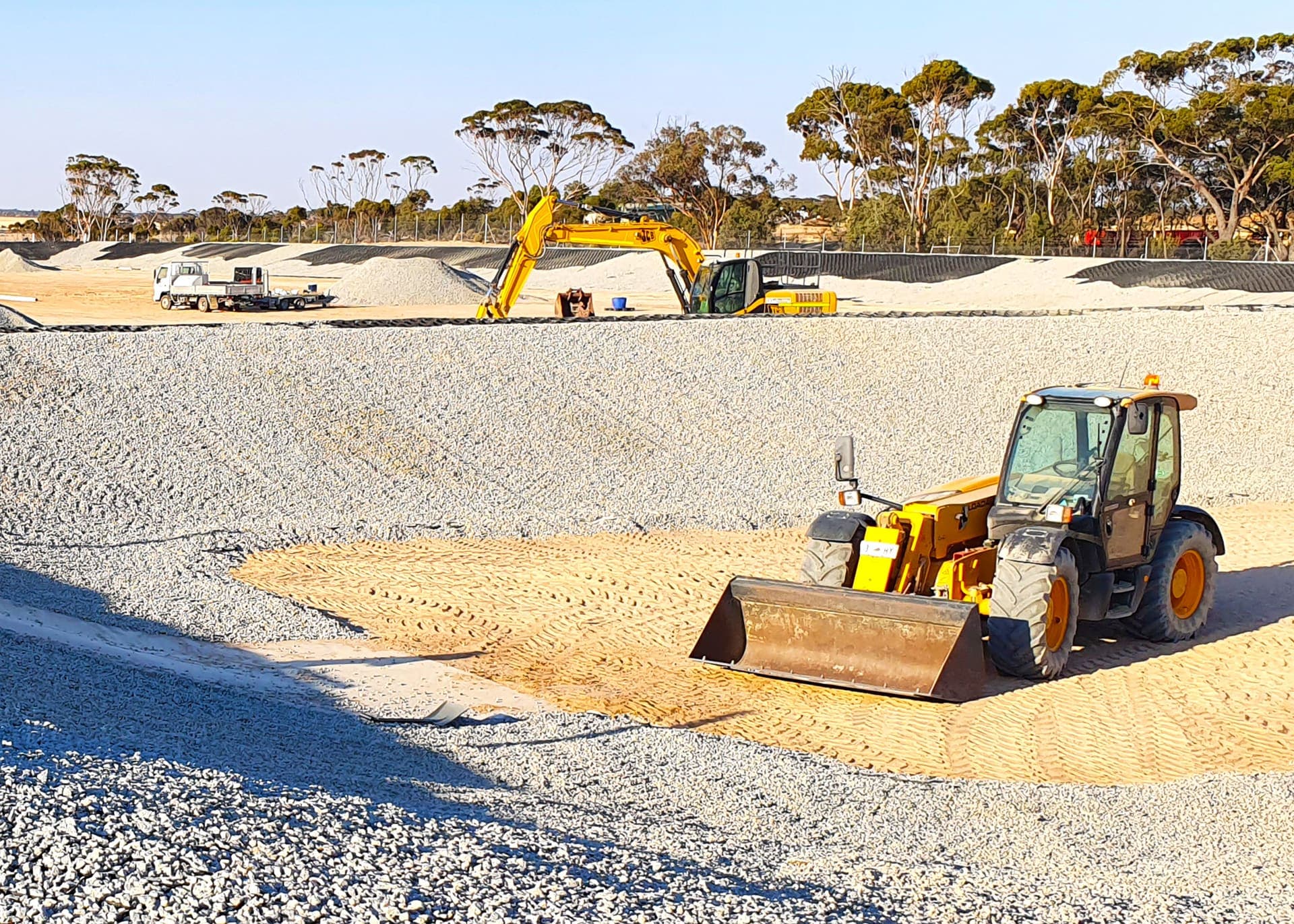 Blockwork and geofabric laid out across the pond floor at Hyden