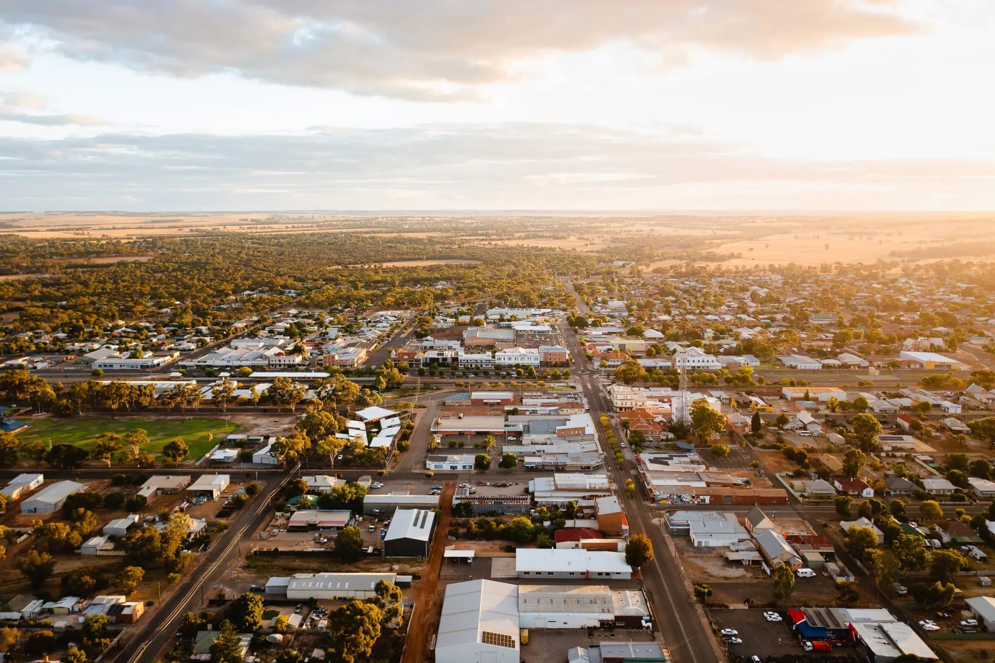 Aerial view of the Katanning townsite at dusk