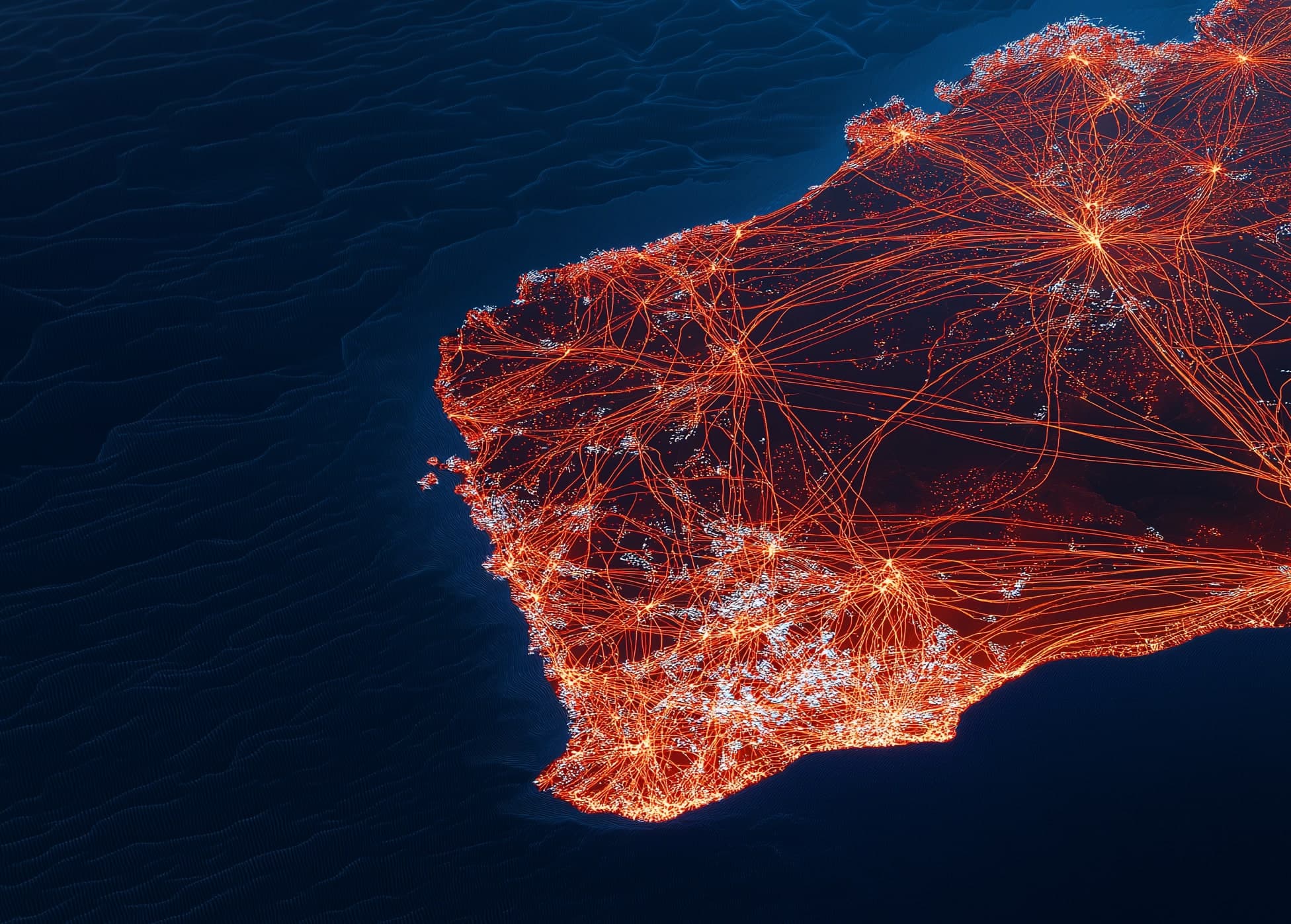 Stylised night view of Western Australia glowing with interconnected power network lines