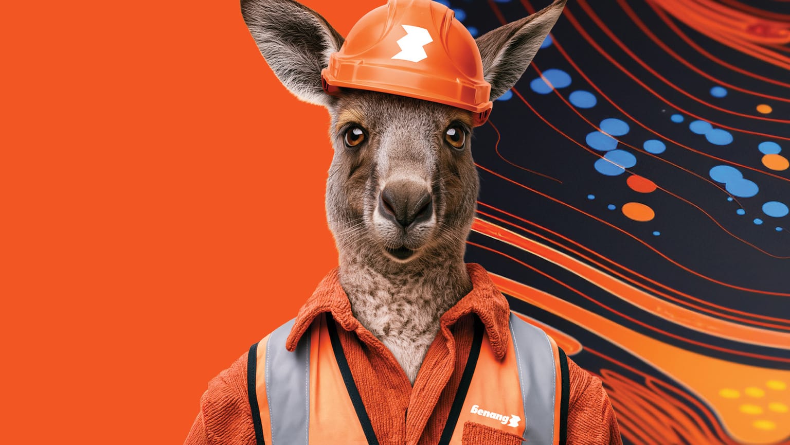 Benang apprenticeship artwork: a kangaroo in an orange Benang hard hat and hi-vis vest