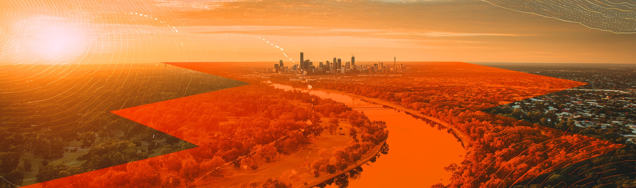Panoramic aerial view of Perth city and the Swan River with the orange Benang arrow motif
